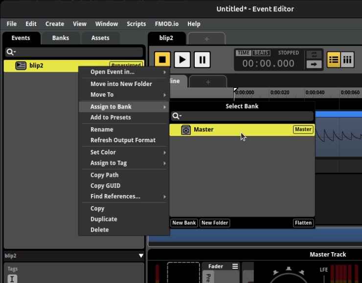 Assigning an event to a bank via Assign to Bank in FMOD Studio