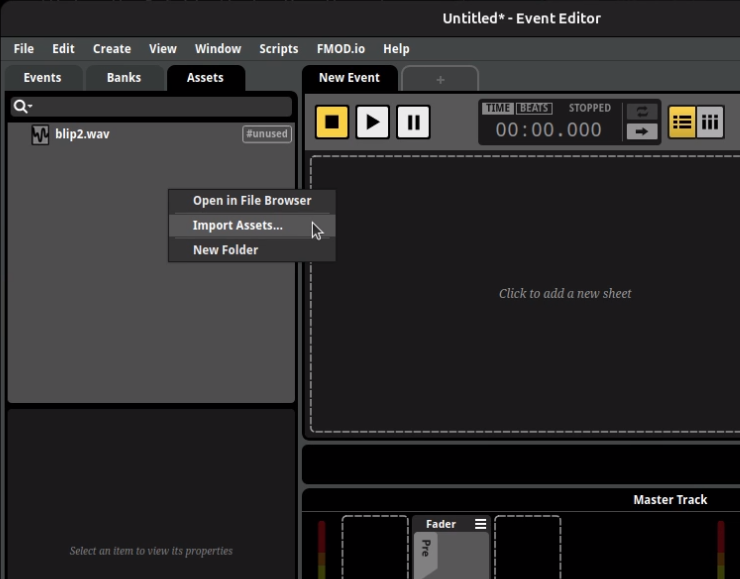 Importing assets in the FMOD Studio Assets tab