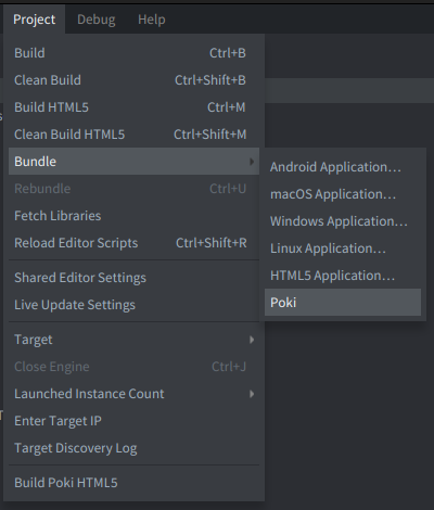 Poki command in the Defold Bundle menu