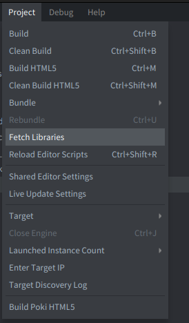 Fetch Libraries command in the Defold Project menu