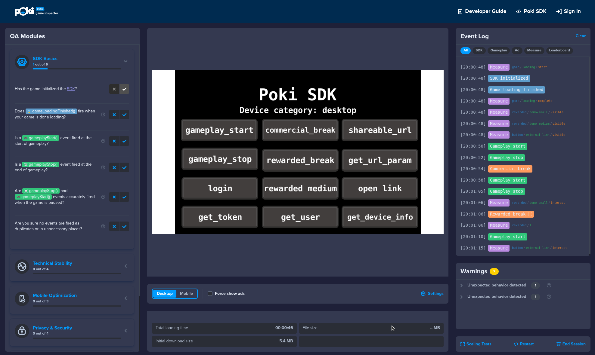 Local Defold build running in the Poki Inspector with QA modules and event log