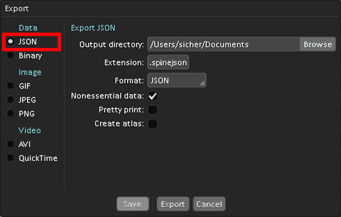 Export JSON from Spine