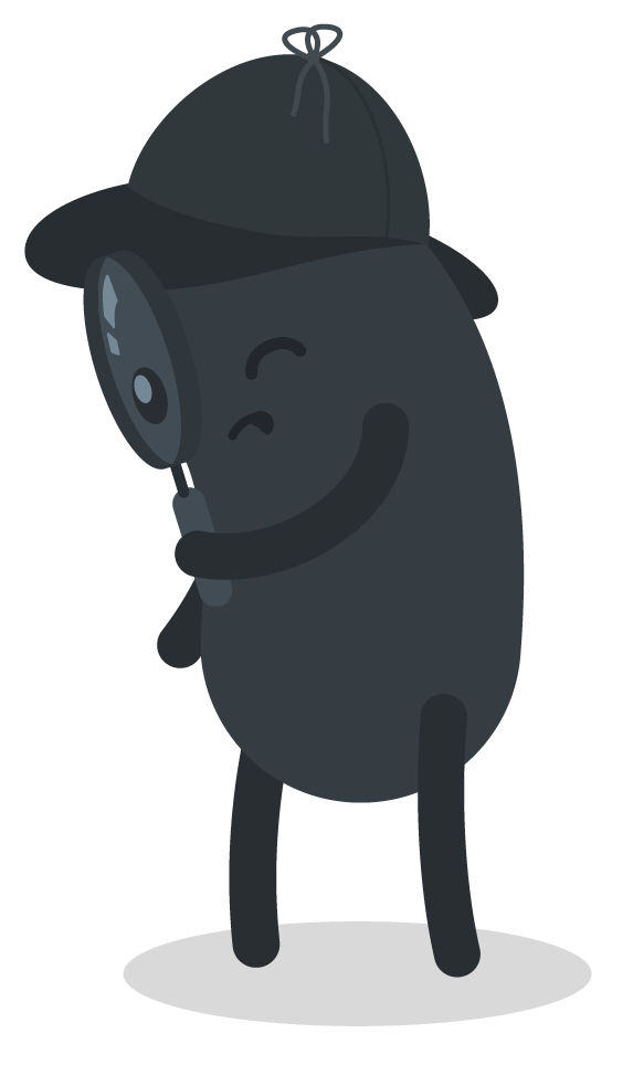 Defold bean character holding a magnifying glass