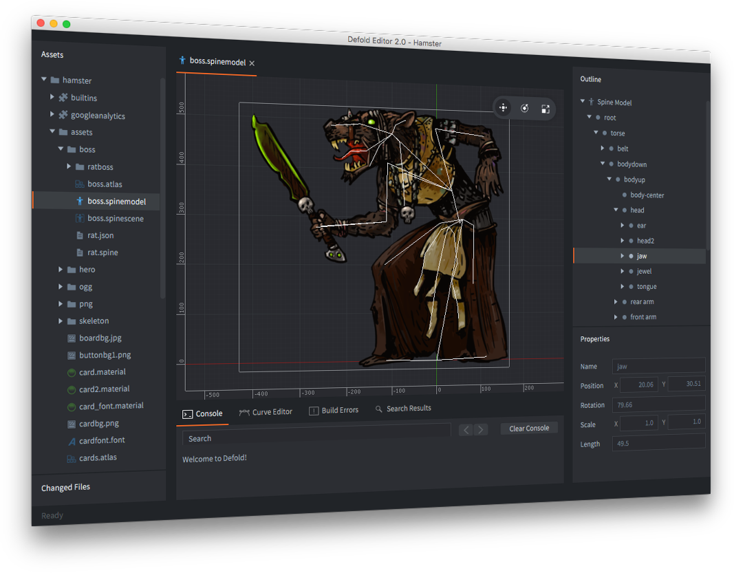 Defold editor working with skeletal animation content