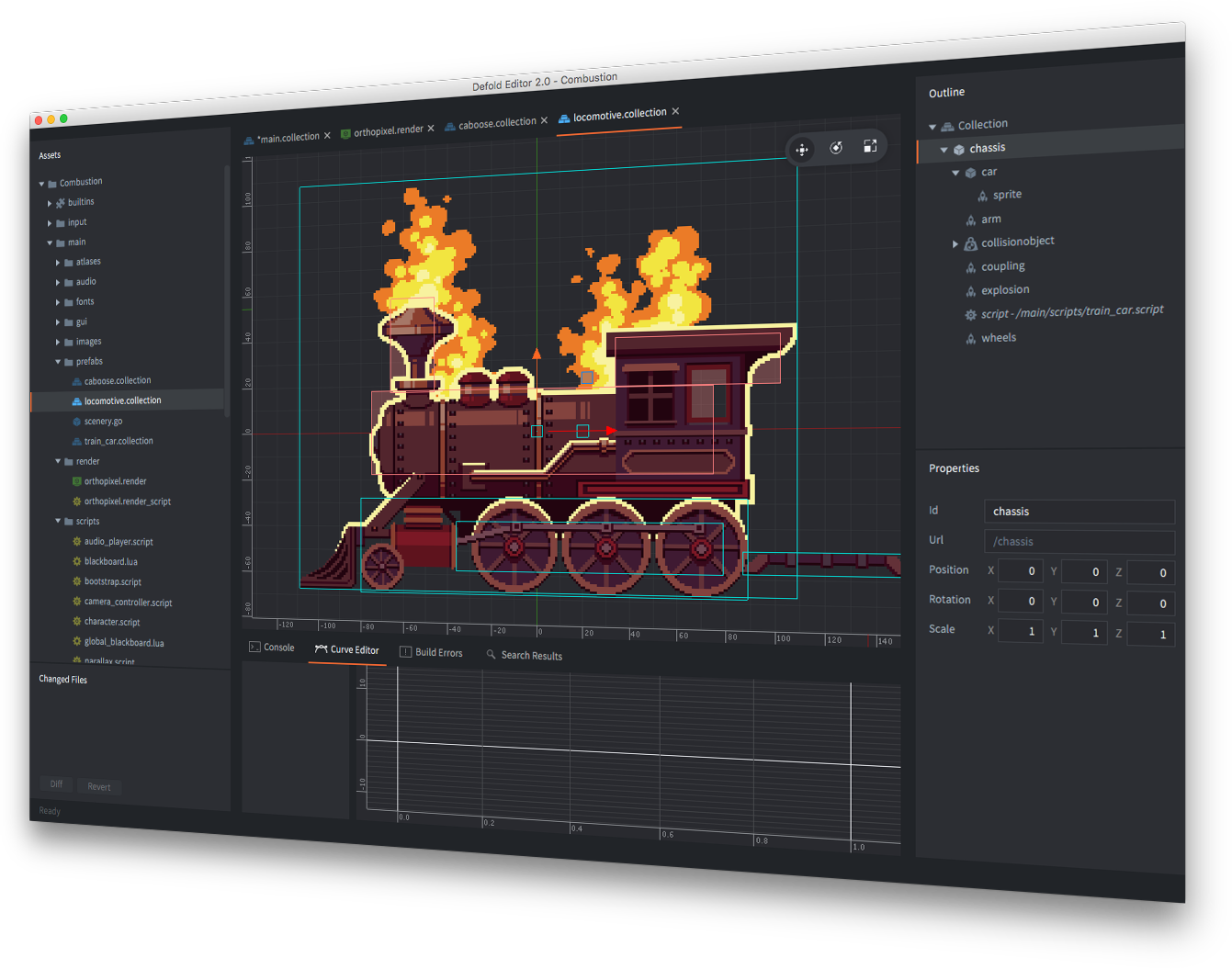 Game scene with animated visual effects built in Defold
