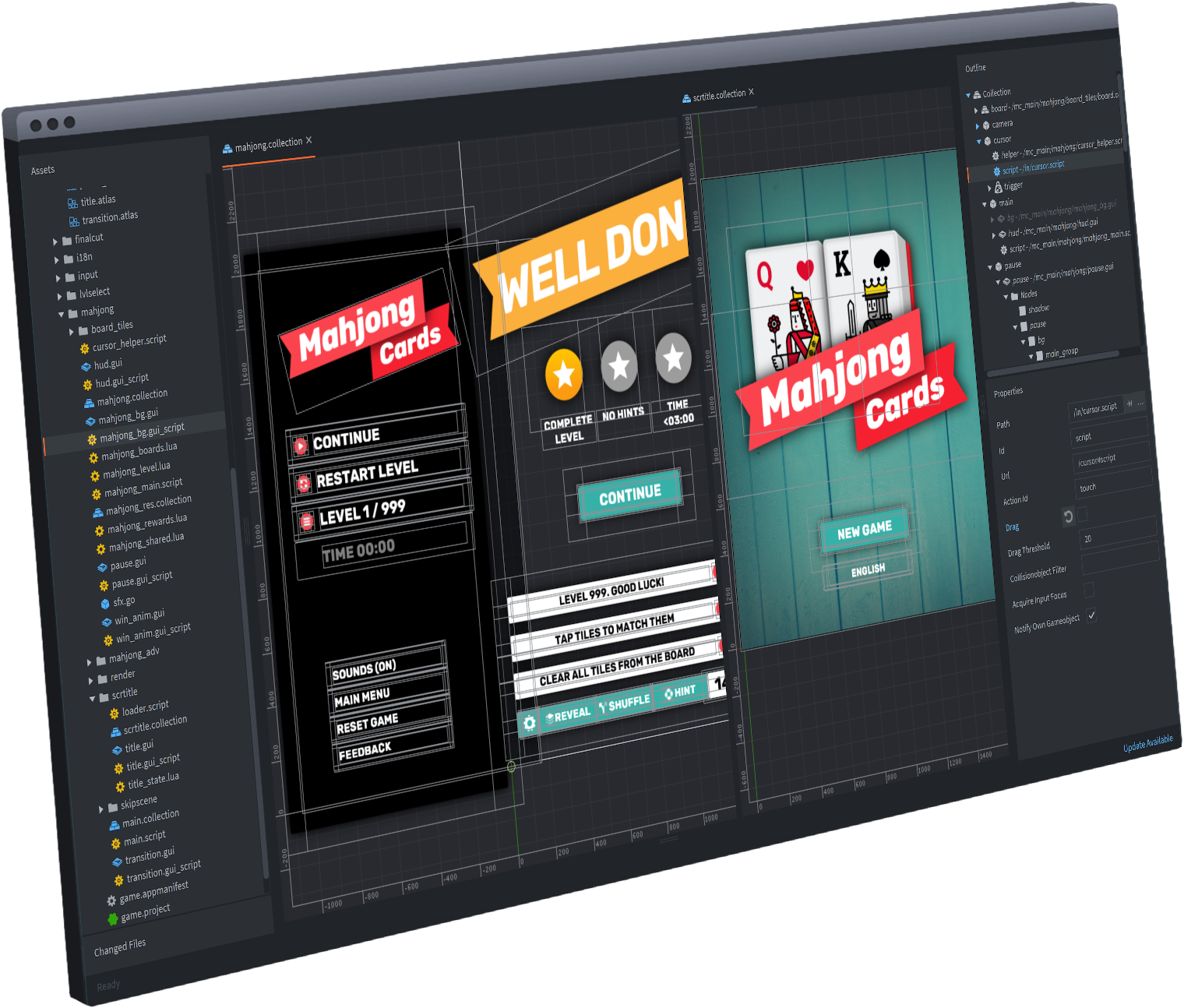 Defold GUI editor with interface nodes and layout controls
