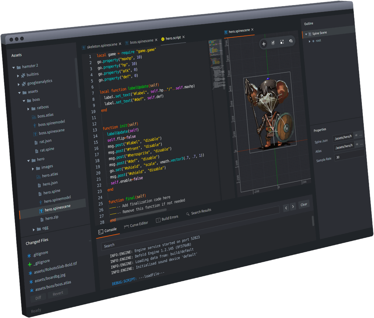 Defold script editor and project workspace