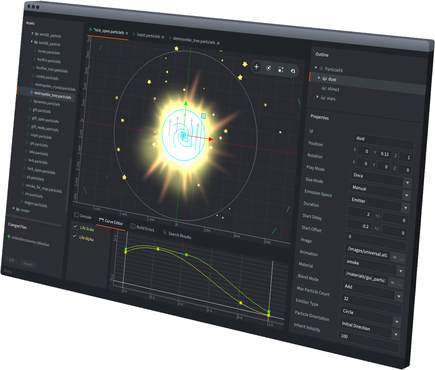 Defold particle effect editor with live preview