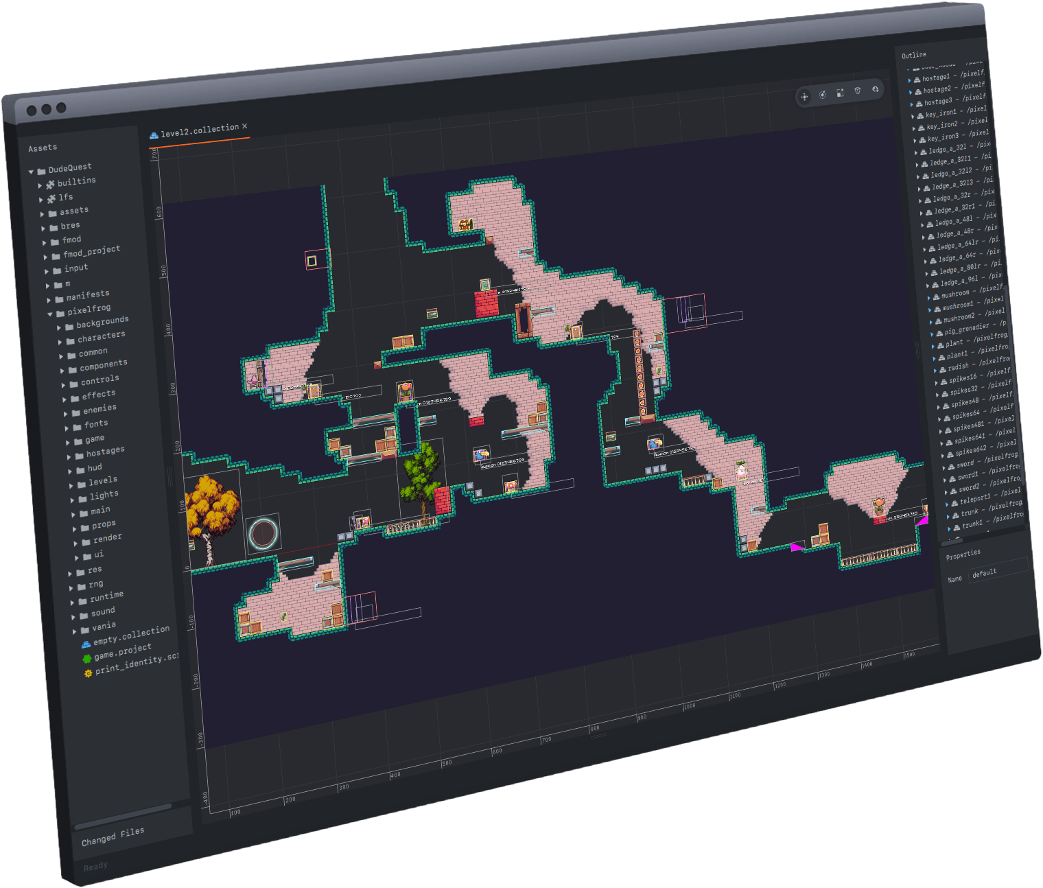 Defold visual scene editor arranging game objects and assets