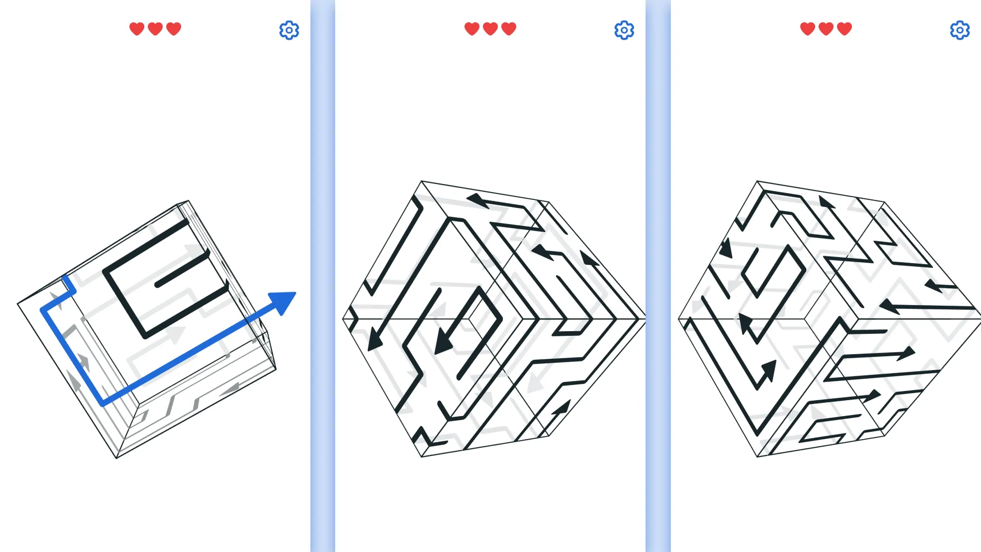 Arrow Cube 3D with a highlighted arrow and increasingly dense puzzles
