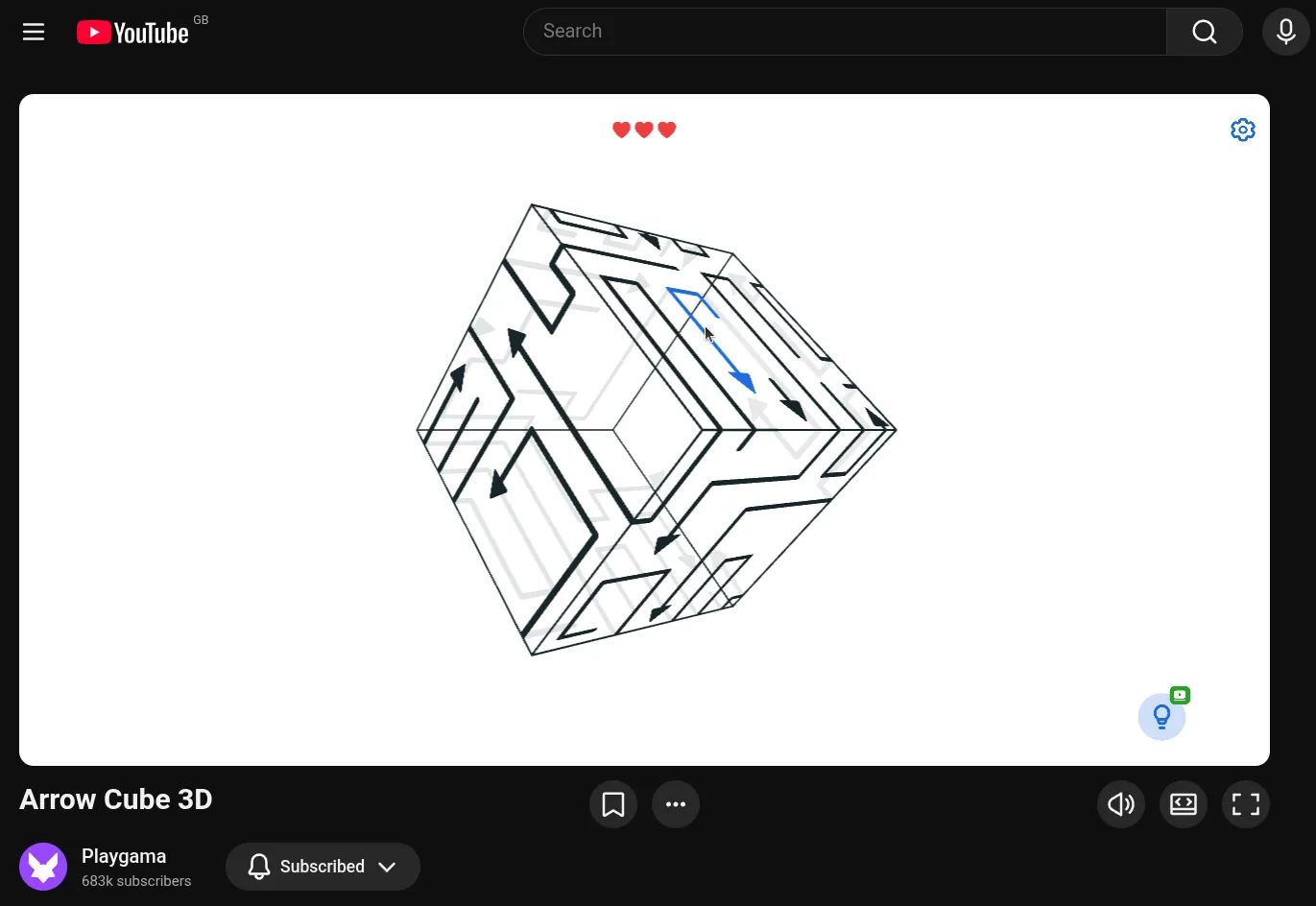 Arrow Cube 3D running on YouTube Playables under Playgama’s account