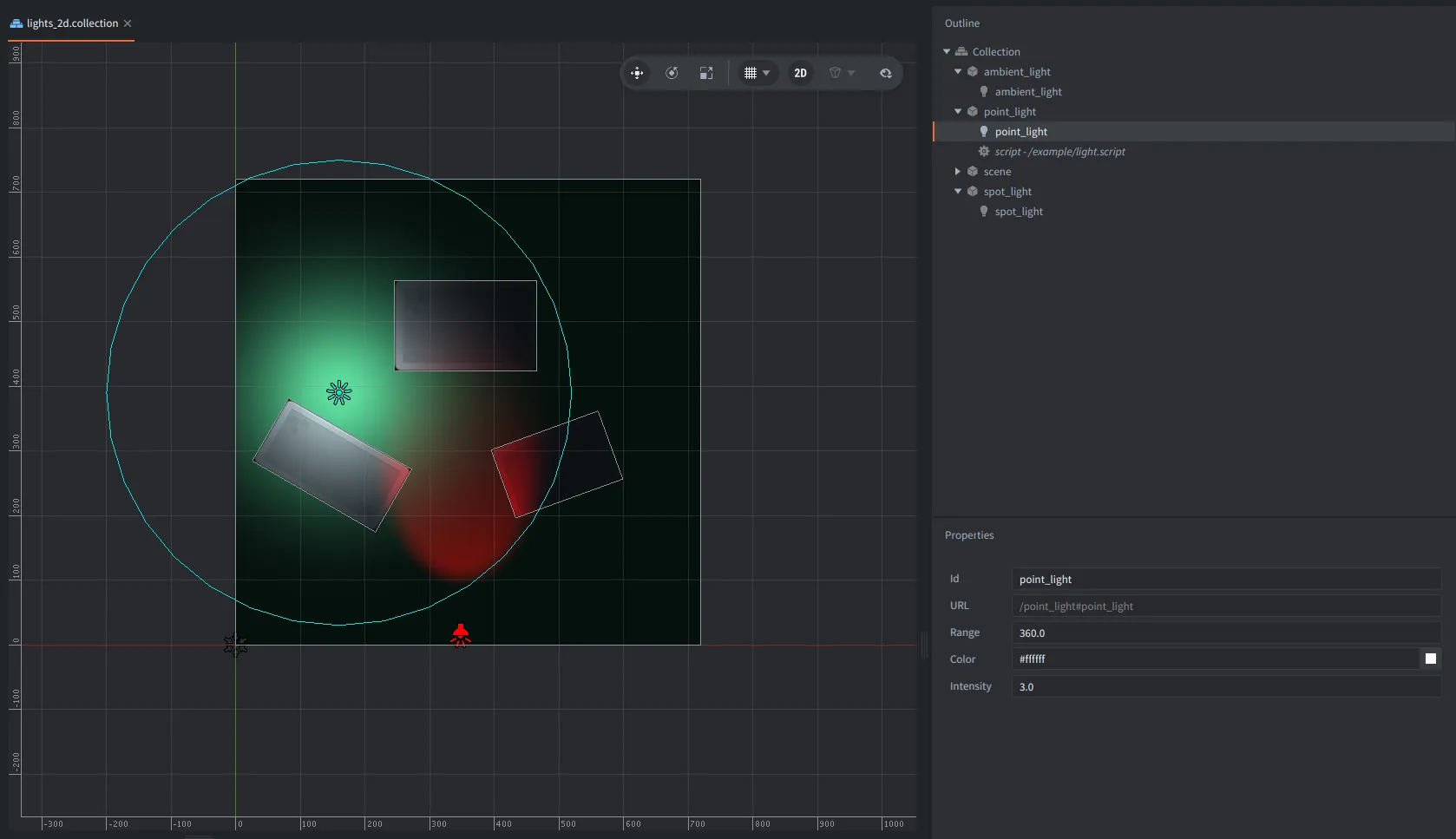 Light components used with sprites in a 2D scene