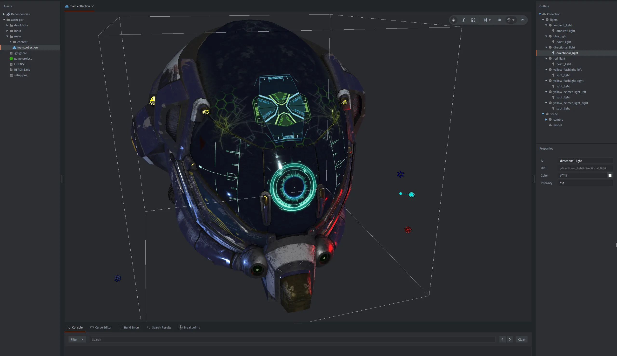 Light components in the editor in the Defold PBR assets project