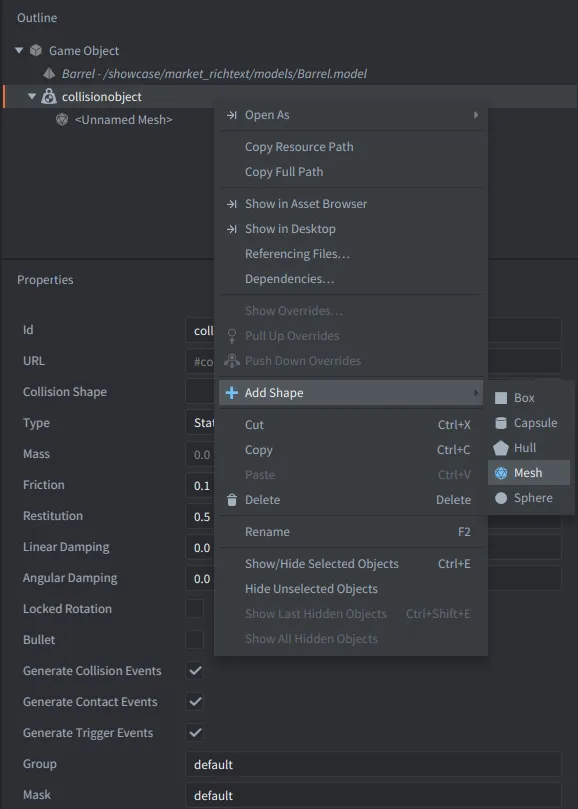 Mesh for collisions in a Defold