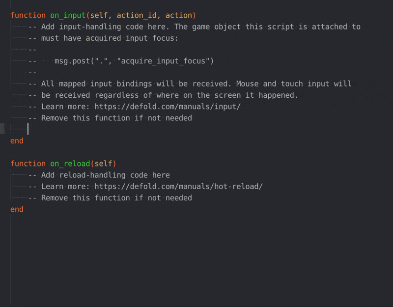 Lua code editor showing Defold API completions and annotations