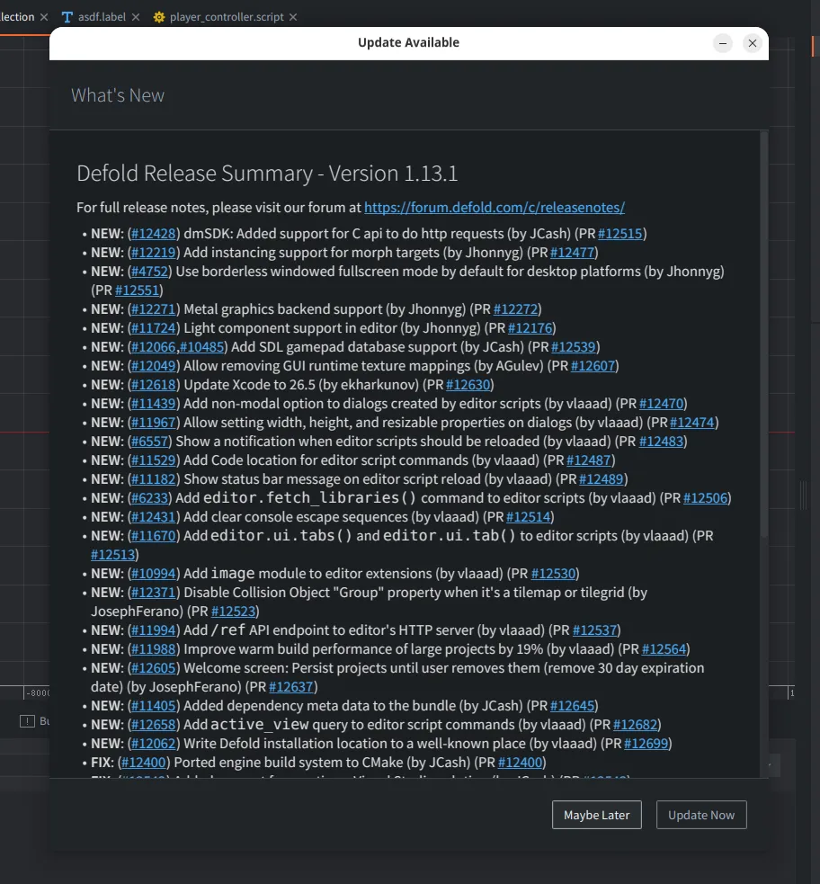 Release notes shown during a Defold editor update