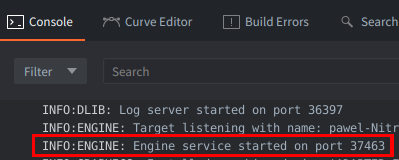Información del puerto del servicio del motor en una build de depuración de Defold