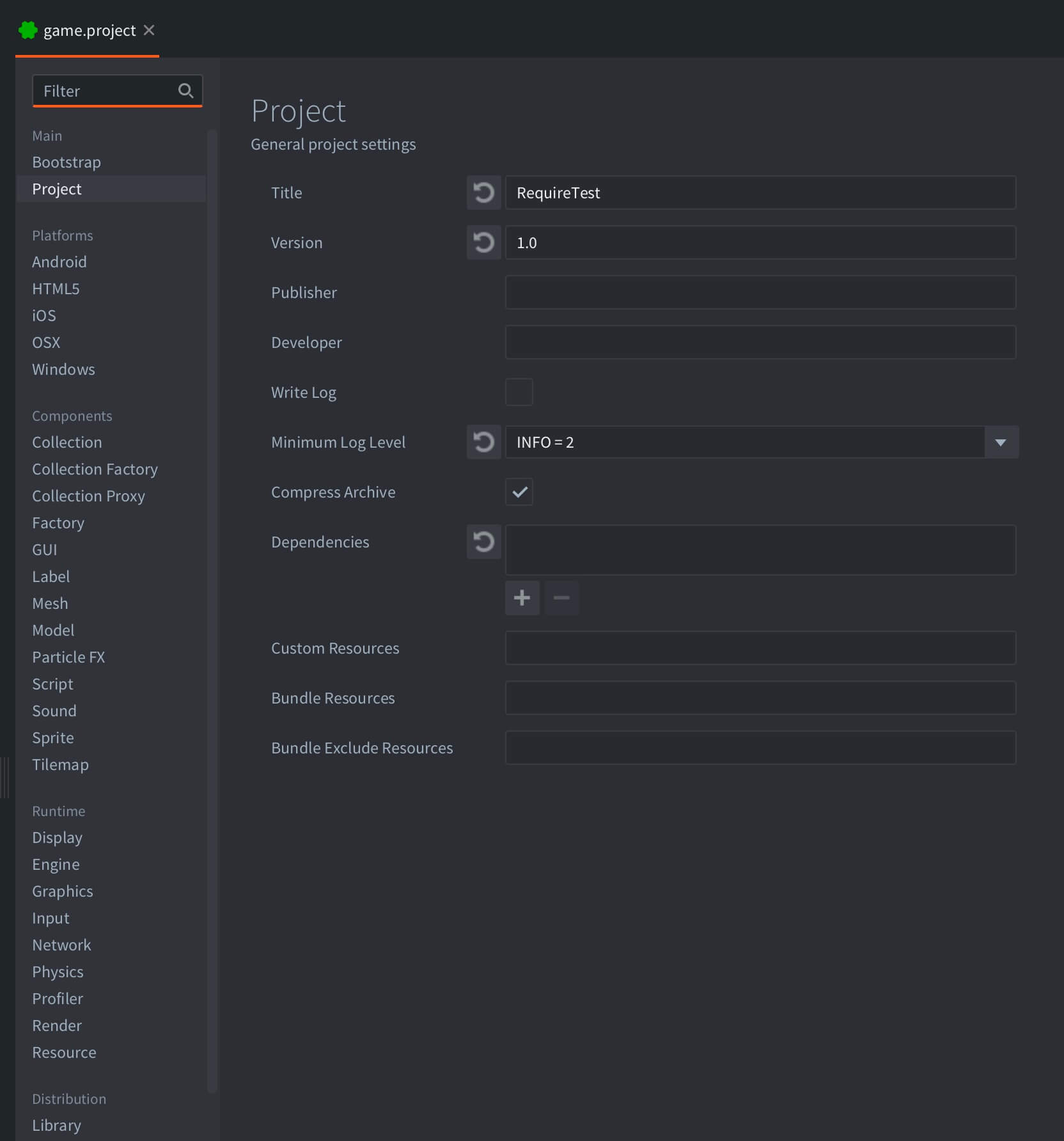 Defold project settings