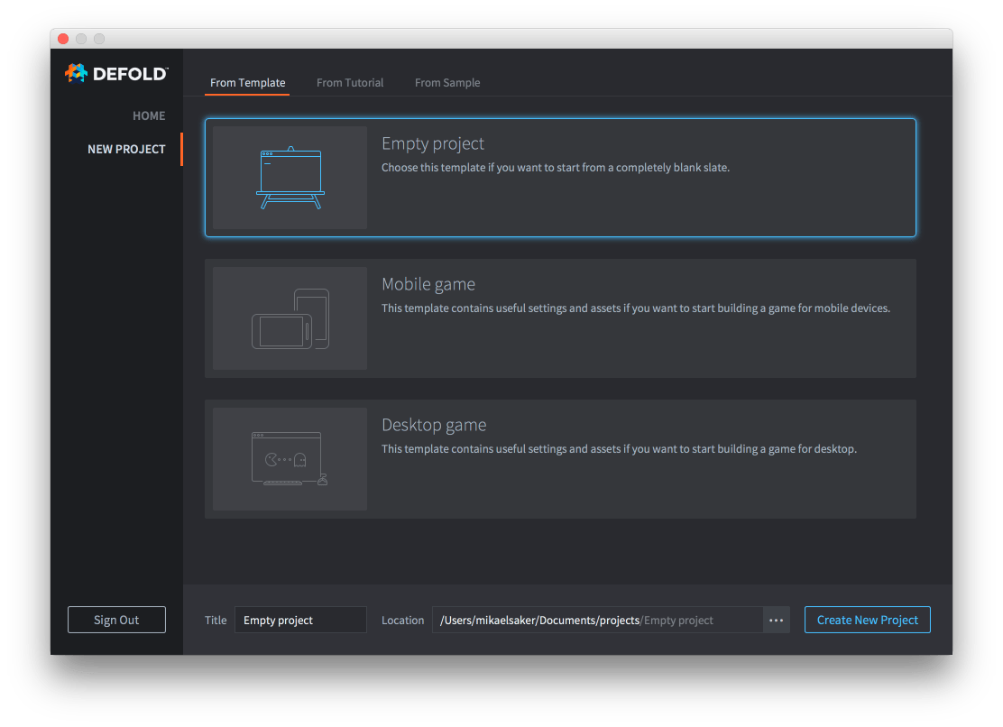 Defold project settings